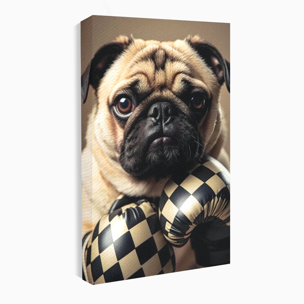 Tablou canvas cu tablou canvas cu pug in manusi de box, fara rama, pe sasiu de lemn